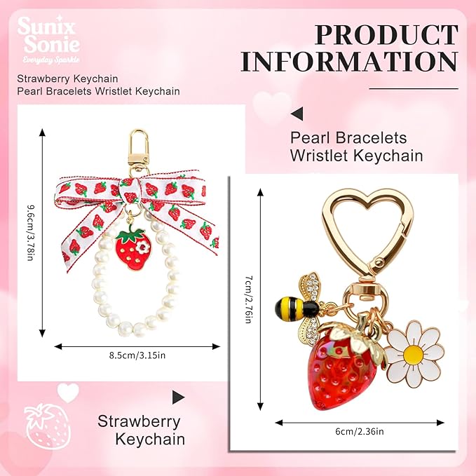 2Pcs Strawberry Keychain Charm Cute Bag Charms Flower Daisy Pearl Bow Keychain Strawberry gift for Women