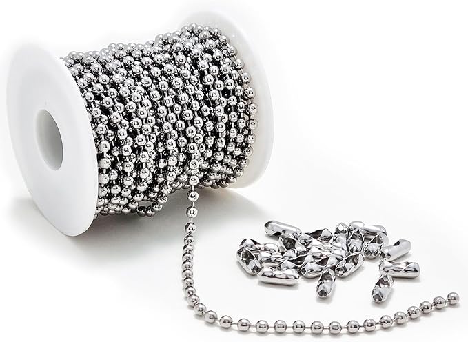 30 Feet – 4.5mm Ball Chain with 20 Connectors, Stainless Steel Roll for Dog Tags, Jewelry Making, Keychains, Fan Pulls, DIY Crafts