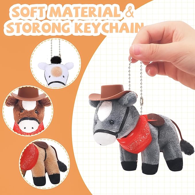 12 Pcs Mini Plush Horse Stuffed Animal with Keychain, Horse Party Favors Goodie Bags, Animals Bulk Gift Toys with Carton Horse House for Birthday Party Supplies