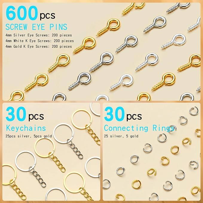 SONGIN Pin Vise Hand Drill Set, 670 Pcs Steel Manual Hand Drill Kit with 10 Pcs Drill Bits, Small Screw Eye Hooks, Keychain Rings for Jewelry Keychain Making and Crafts