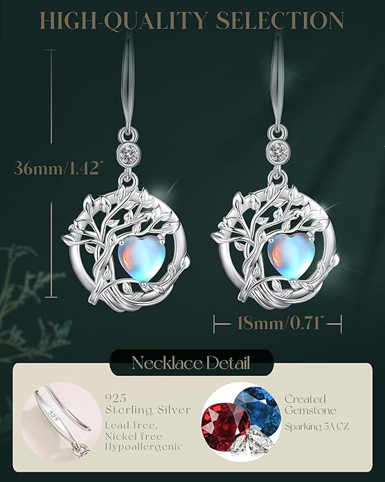 FANCIME Tree of Life Dangle Drop Earrings 925 Sterling Silver Dainty Round Gemstone Birthstone Earring Fine Jewelry Birthday Christmas Gifts for Her Women