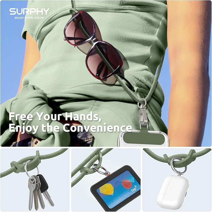 SURPHY Phone Lanyard, Adjustable Phone Strap Crossbody with 2 Pack Cell Phone Tether Tab, Premium Metal Buckles, Skin-Friendly, Universal Cell Phone Lanyard Crossbody for Women and Men, Army Green
