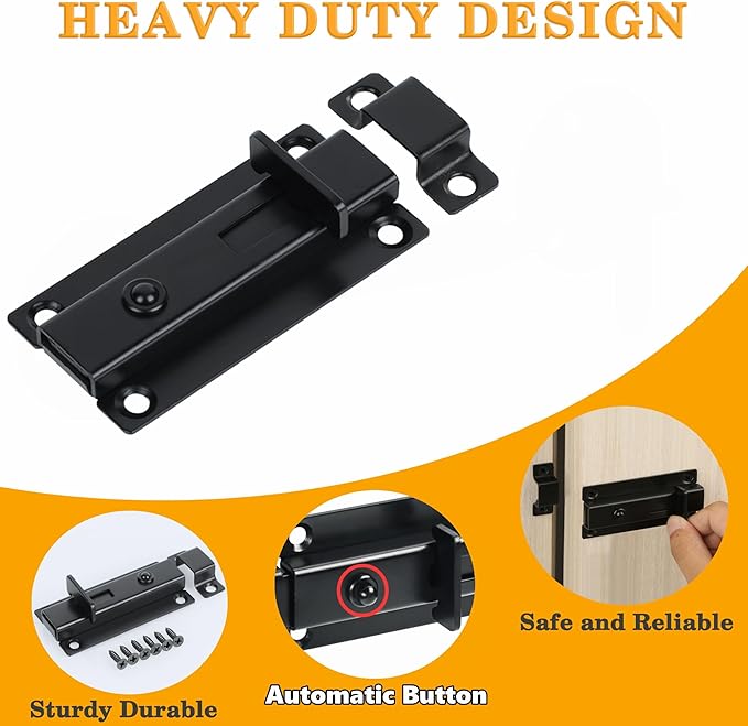 Alise Slide Bolt Gate Latch,Spring-Automatic Barrel Bolts Latches Safety Door Lock,Gate Hardware for Inside Door Fence Toilet Barn Pet Doors,Stainless Steel Black Bolt Latches,MS3000-B