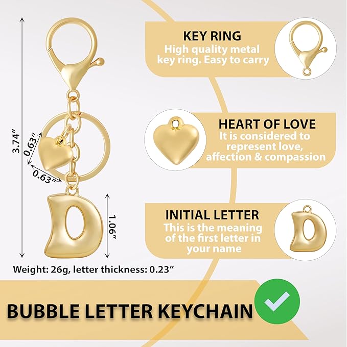 Heart Bubble Letter Keychain for Women, Girls - Cute Keychain with Initial - Alphabet Keychain for Bag Charm, Handbag