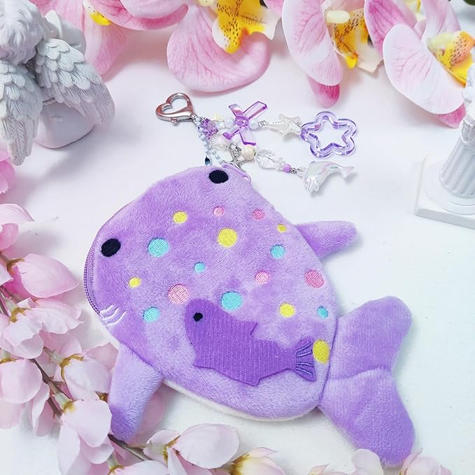 Adorable Whale Shark Coin Purse Keychain,Soft Plush Zipper Coin Purse,Handmade Purse Bag Charm Gift for Women (Purple)