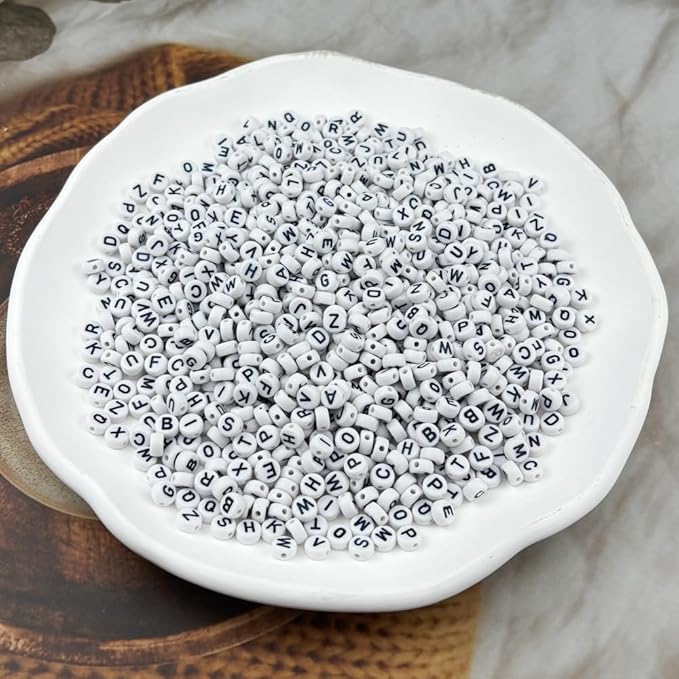 1000pcs Round Letter Beads 4x7mm Acrylic Alphabet Beads Spacer Beads for Jewelry Making Bracelets Necklace Earring Key Chains DIY Craft(V-Black Letter White Bead)