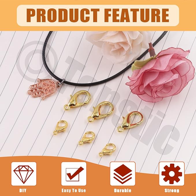Tanstic 170Pcs Gold Lobster Claw Clasps with Open Jump Rings Kit, 10mm, 12mm, 14mm, 16mm, 18mm Alloy Small Jewelry Clasps Lobster Clasps and 6mm Jump Rings for DIY Jewelry Making