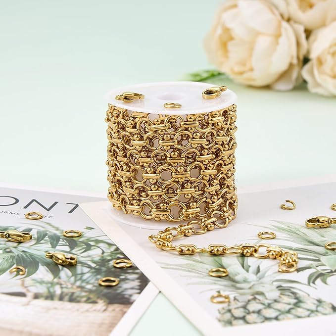 UMAOKANG 2 Meters Gold Plated Stainless Steel Chains for Jewelry Making Circle Link Chain on Spool with Jump Rings and Lobster Clasps