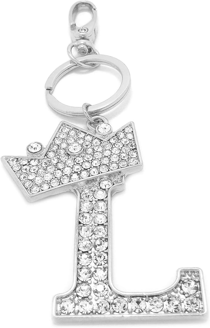 CBC Crown Crystal Rhinestone Letter Initial Keychain, Gold Metal, Bag Charm with Key Ring Approx. 2.17" x 2.56"