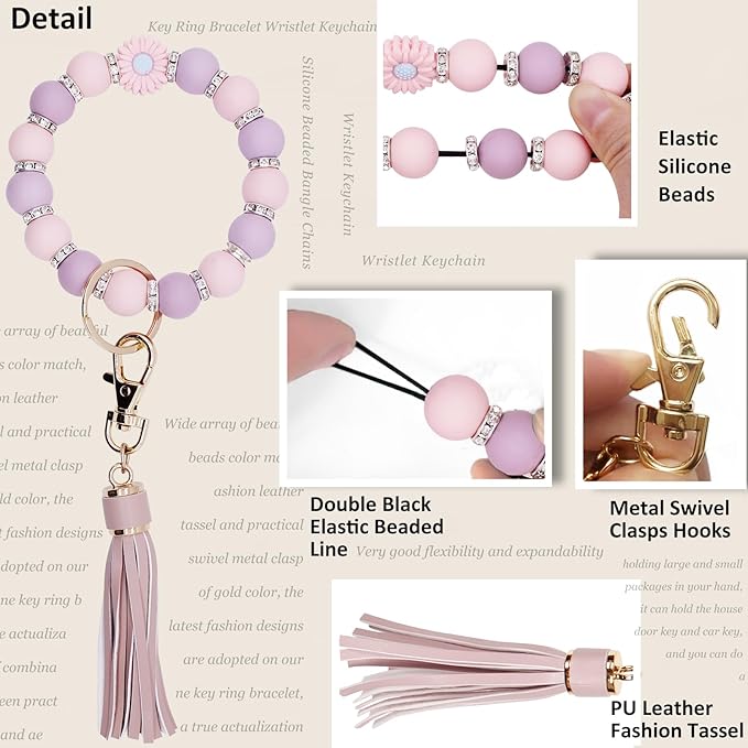 BIHRTC Key Ring Bracelet Car Keychain Holder Wristlet Silicone Women Beaded Bangle Chains