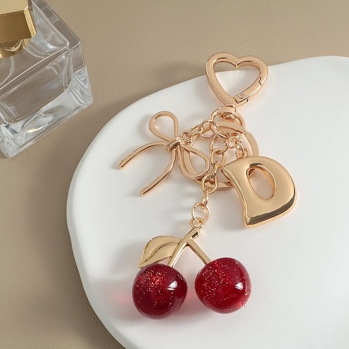 Snycler Bubble Initial Keychain with Cherry & Bow - Gold Letter Bag Charms for Women, Cute Purse Handbag Accessories