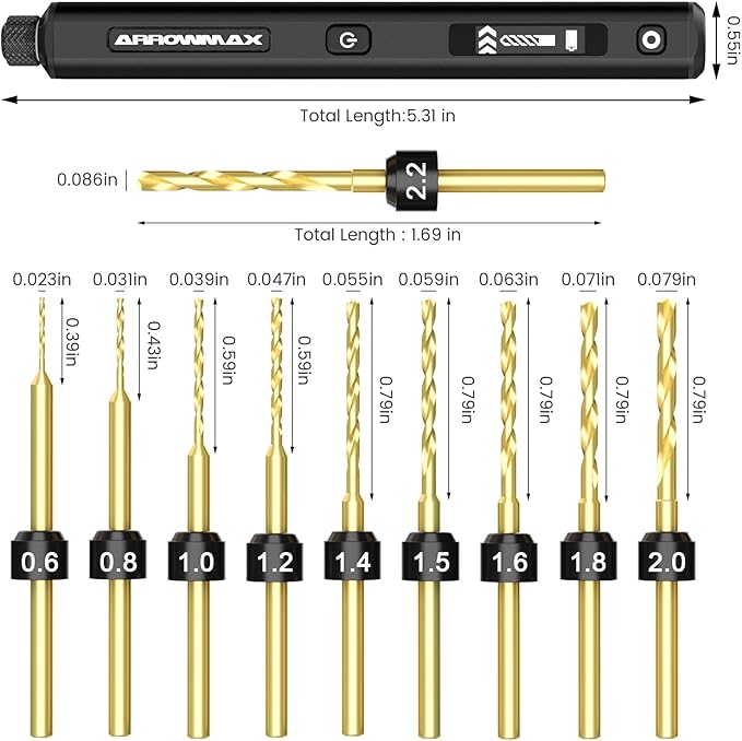 AM ARROWMAX Mini Electric Drill Pen, 5-Speed, 10 Titanium-Coated Steel Bits, LED Lights, OLED Display, 5V USB-C，(SDS), Black