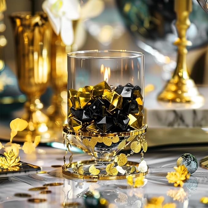 HappyFiller Fall Christmas Decoration Fake Ice Rocks Acrylic Nuggets Gems Stones for Wedding Centerpieces Vase Fillers,Graduation Table Scatters Party Decor,Home Accents,Gold Black,14 OZ