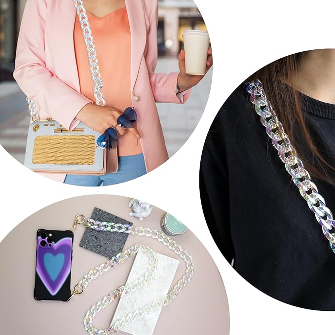 47.2"/120cm Acrylic Resin Chain Handles Bag Purse Detachable Decoration Chain with Buckles, Transparent Rainbow Color Multicolour