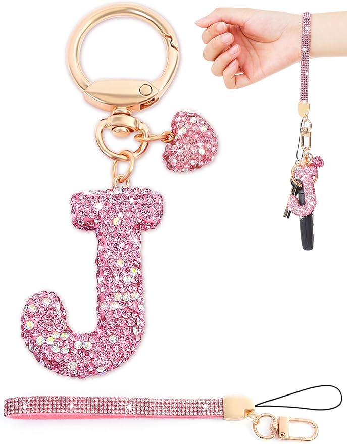Initial Keychain for Women Girls,Bling Letter Key chain Initial with Heart,Pink Keychain Charms for Backpack Handbag