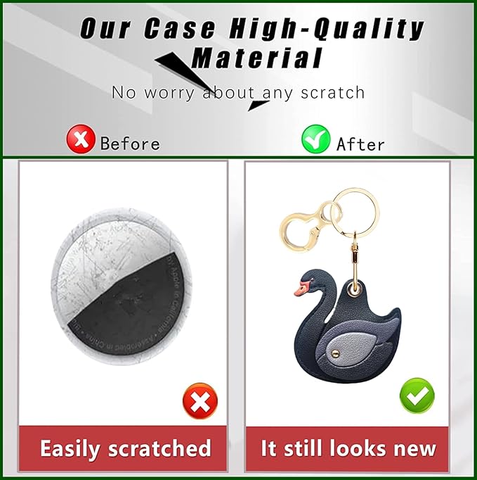 Leather Keychain Holder Case Compatible with AirTag,Cute Protective Cover with Keyring,Anti-Scratch Finder GPS Tracker Case for Wallet Keys,Bag,Pets(Swan Black)