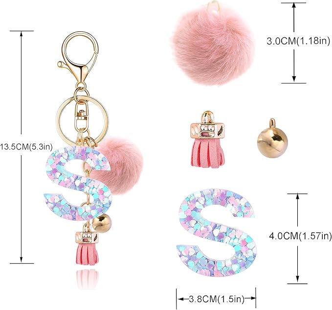 Resin Alphabet Initial Letter Keychain Keyring for Women Purse Handbags With Fur Ball Pom