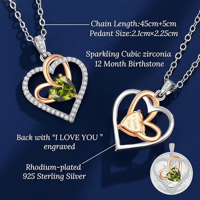 OOBEE Birthstone Necklaces for Women, 925 Sterling Silver Gemstone Fine Love Heart Moissanite Necklace, Ideal Birthday Anniversary Mothers Day Jewelry Gifts for Wife Mom Girlfriend Her