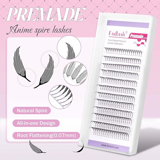FADLASH Premade Anime Lashes Spire Premade Lash Fans 0.07 C Curl Volume Manga Lash Look Fluffy Natural Lash Extensions for Professional Salon Use (0.07-C, 8-14mm)