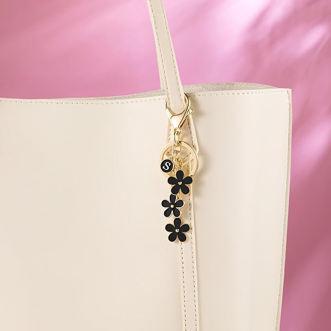 SELOVO Initial Keychain White/Pink/Black Cute Keychain Girl Purse Charms for Handbag Cute Letter Flower Keyring for Backpack