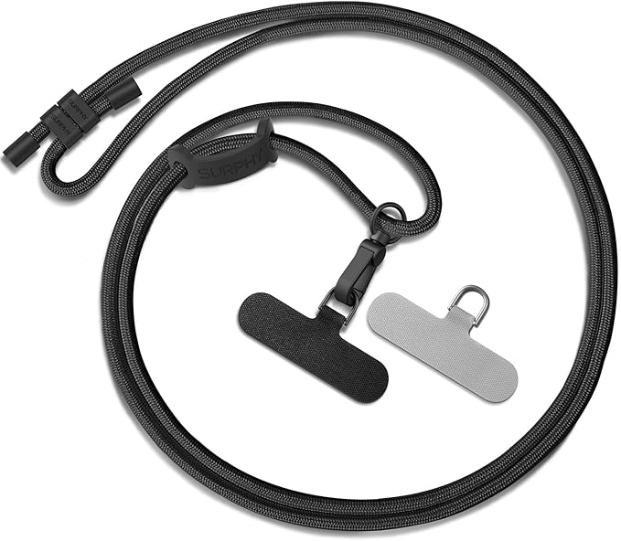 SURPHY Phone Lanyard, Adjustable Phone Strap Crossbody with 2 Pack Cell Phone Tether Tab, Premium Metal Buckles, Skin-Friendly, Universal Cell Phone Lanyard Crossbody for Women and Men, Black