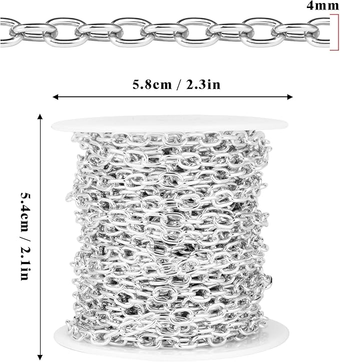 33 Feet Silver Rolo Cable Chains Roll, 4 MM Silver Plated Aluminium Oval Cable O Links Chain Bulk Spool for Jewelry Making DIY Craft