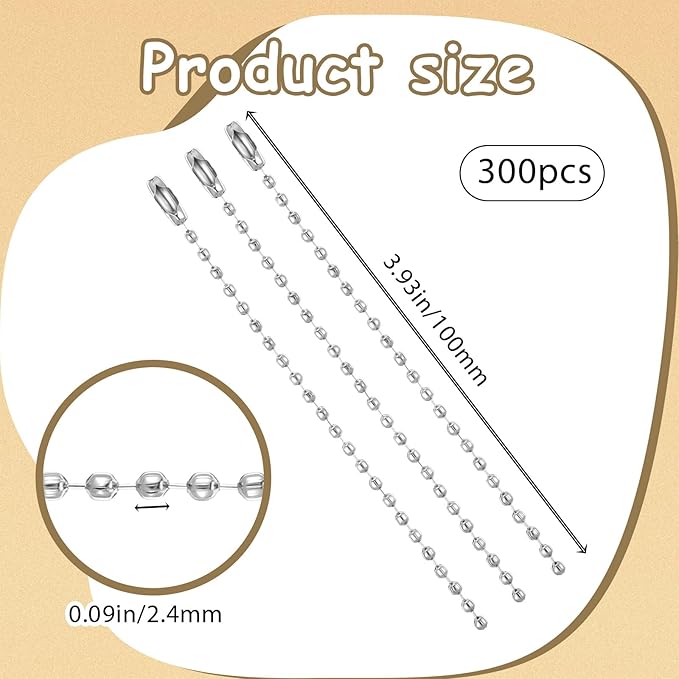 300 pcs 3.9 in Long Bead Connector Clasp Ball Chains Keychain, Beaded Chain Connector Chains for Keychains Stainless Steel Ball Bead Chain with Locking Clasp for Jewelry Making, DIY Crafts
