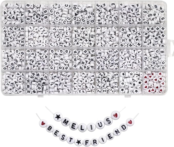 Melius Acrylic Letter Beads, 1450 Pcs 4x7mm Round Alphabet Beads in 28 Grid Box for Jewelry Making, DIY Bracelets (4x7mm, White)