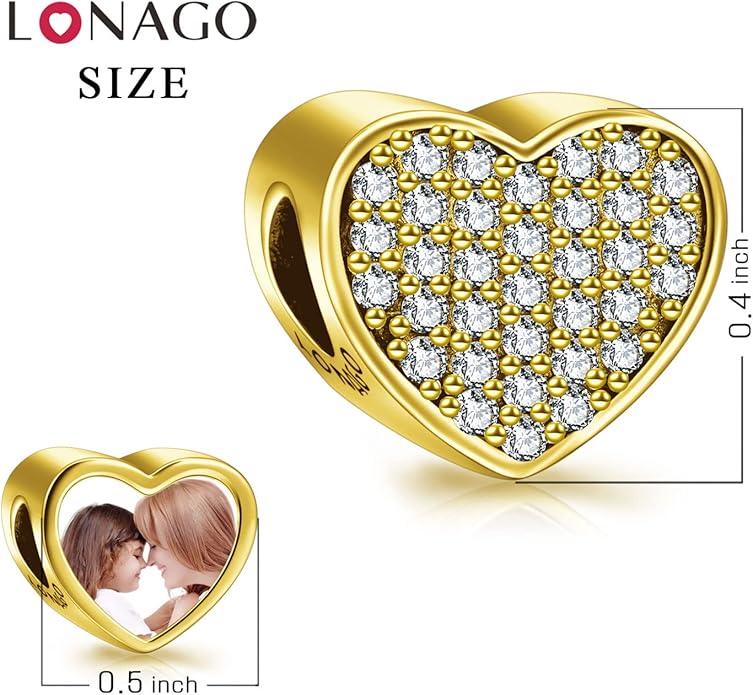 LONAGO 925 Sterling Silver Personalized Photo Charm Fit Compatible for Bracelet Necklace Customized Heart Round Shape Picture Bead