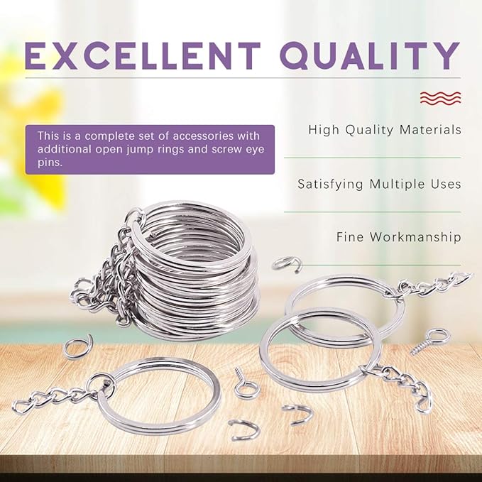 Swpeet 300Pcs 6/5 Inch 30mm Sliver Flat Key Chain Rings Kit, Including 100Pcs Split Keychain Rings with Chain and 100Pcs Jump Ring with 100Pcs Screw Eye Pins Bulk for Jewelry Findings Making