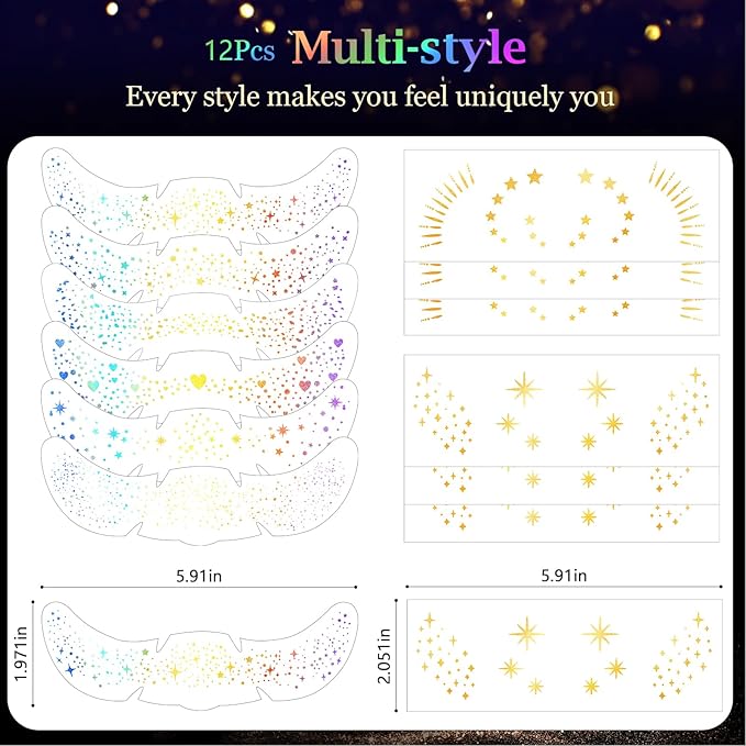 HyperFun 12Pcs Face Glitter Freckles, Face Glitter Fake Freckles Sticker, Holographic Multichrome Waterproof Sparkle Freckles Makeup Patches for Women Rave Festival Accessories Concerts Party Prom