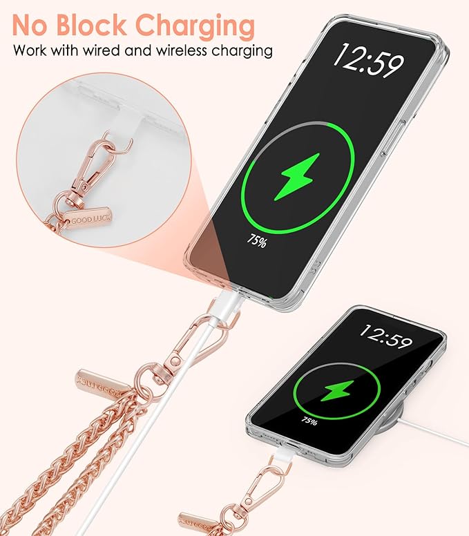 MoKo Universal Phone Lanyard, Metal Cell Phone Chain Crossbody Strap Anti-Theft Detachable Women Cellphone Lanyards Around The Neck with Patches for iPhone, Most Smartphones, Pale Rose Gold