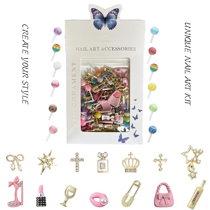 84 pcs 3D Gold Pink Nail Charms Y2K Set Cute Nail Charms with Stars, Crowns, Crosses,Bins,Lollipops, Lips, Bottles, Cups, Perfume, Lipsticks, Bags, and Heels for Nail Art