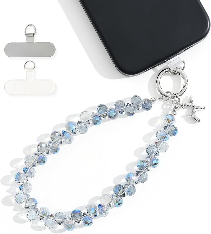 Crystal Phone Wrist Strap Phone Charm Chain Keychain Beaded Cellphone Lanyard with Tether Tab Hands-Free Wristlet Bracelet Wrist Grip Strap for Women, D-Light Blue