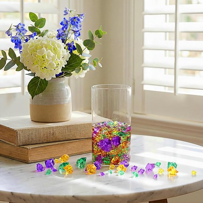 Syhood 570 Pcs 5 Sizes Mardi Gras Yellow Green and Purple Fake Crushed Ice Rocks Acrylic Crystal Gems Plastic Diamonds Marble for Carnival St. Patrick's Day Vase Fillers Table Scatter Room Decoration