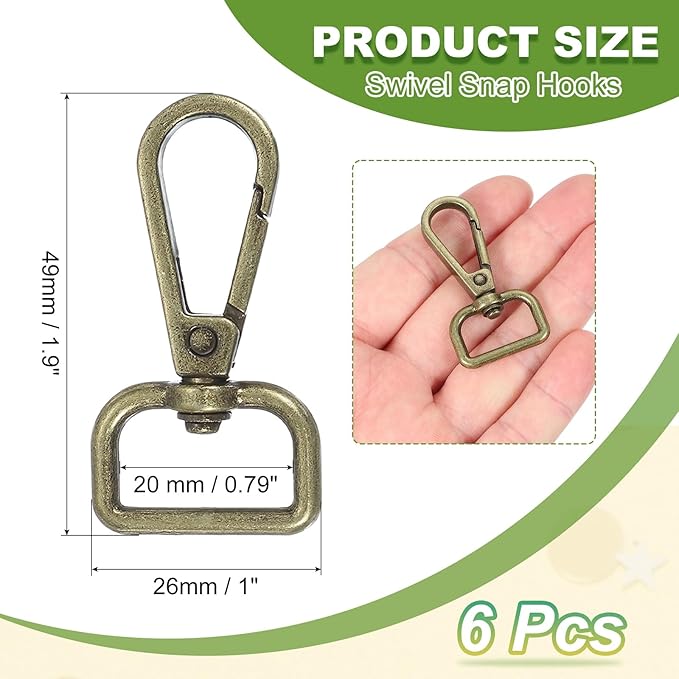 Swivel Snap Hooks, Metal D Ring Keychain Lanyard Clip Hook Lobster Clasp Claw Push Gate Clip - Fitting for(Purse Making - Sewing - DIY Crafts) 6 Pcs & 3/4" & Bronze