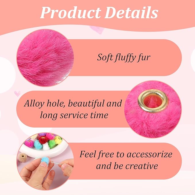 250PCS Fluffy Faux Fur Pom Poms Beads Mixed Color Soft Fuzzy Puff Spacer Beads for DIY Pens Jewelry Bracelet Garland Headband Keychain Handicrafts Craft Accessories Gift Supplies