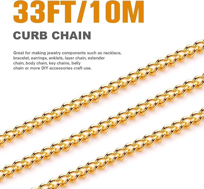 33FT 18K Gold Plated Stainless Steel Curb Chain Roll, 5mm 304 Stainless Steel Flat Twisted Links Curb Chains Bulk for Jewelry Making Necklace DIY Craft