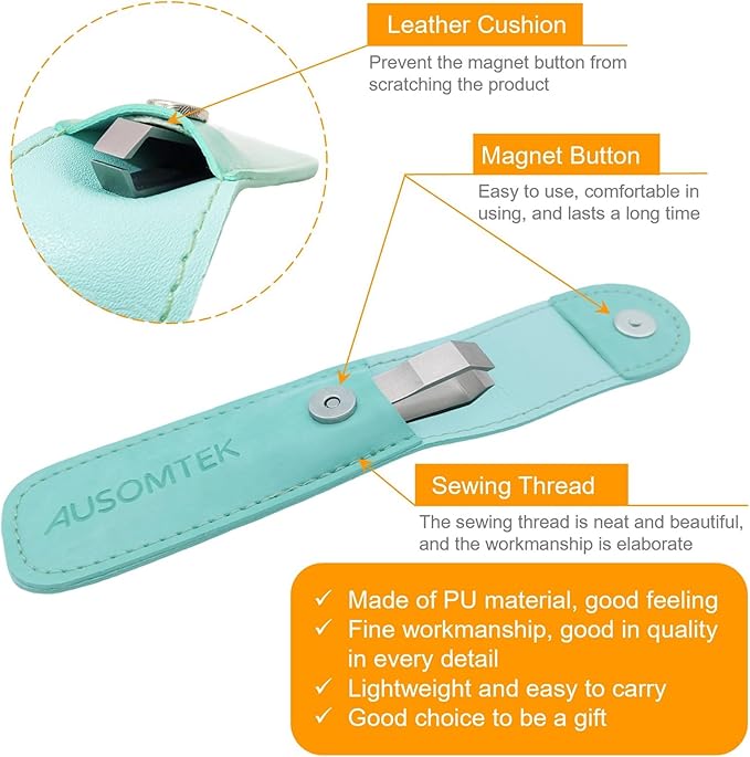 AUSOMTEK Beard & Hair Plucking Tweezers, Fine Eyebrow Tool, Stainless Steel, 10mm Tip, Anti-Slip Slot Design, Cyan PU Case