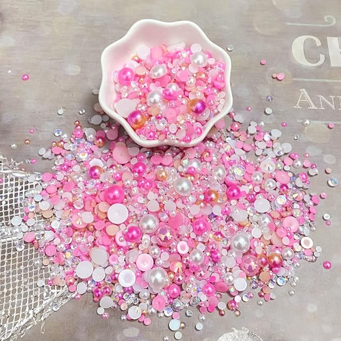 100g Mix Resin Rhinestones Flatback Half Round Pearls Mixed Size 3mm-10mm AB Color Half Pearls Resin Rhinestones for DIY Craft Nail Art Shoes Clothes Phone Case (Pink Series)