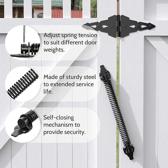 14" Gate Spring Self Closing Heavy Duty Outdoor Door Spring Automatic Gate Closer, Adjustable for Wooden and Vinyl Fence, Black