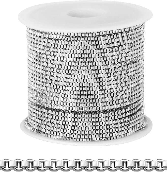 33FT Stainless Steel Box Chain for Jewelry Making 1MM Silver Square Box Link Chain Roll Bulk for DIY Crafts Jewelry Making