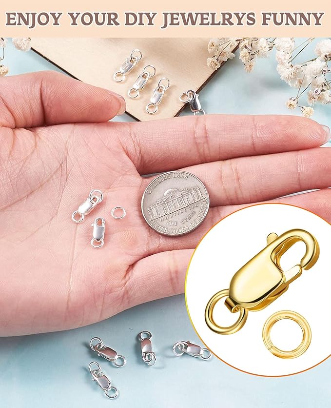Kcctoo Silver Lobster Claw Clasp with Closed Jump Rings 14K Gold Necklace Clasps and Closures for Jewelry Making, Made in Italy 12mm(0.47inch) (Gold Silver)