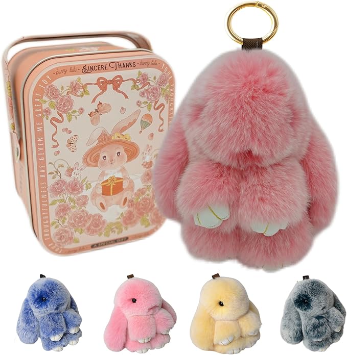 Bunny Keychain with Tin,Bunny Handmade Soft Pompom Charms,Fluffy Keychain Accessories for Womens