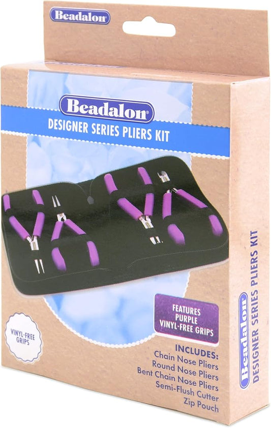 Beadalon Designer Series Pliers Kit, Purple Vinyl-Free Grips, Chain Nose, Bent Chain Nose, Round Nose, Semi-Flush Cutter, 4.75 in each, 4 pc with Zip Pouch
