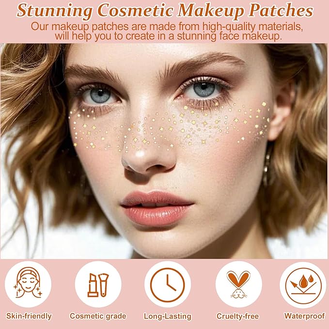 Boko 10Pcs Face Glitter Freckles, Gold Freckle Temporary Tattoos for Girl Women Freckle Makeup, Waterproof Metallic Glitter Makeup Patches for Festival Concert Party Rave Accessories