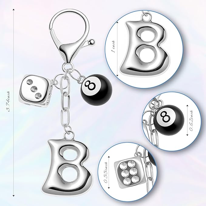 8 Ball Dice Keychain with Silver Bubble Initial - Y2K Aesthetic Cute Bag Purse Charms for Women