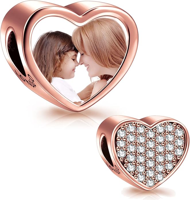 LONAGO 925 Sterling Silver Personalized Photo Charm Fit Compatible for Bracelet Necklace Customized Heart Round Shape Picture Bead