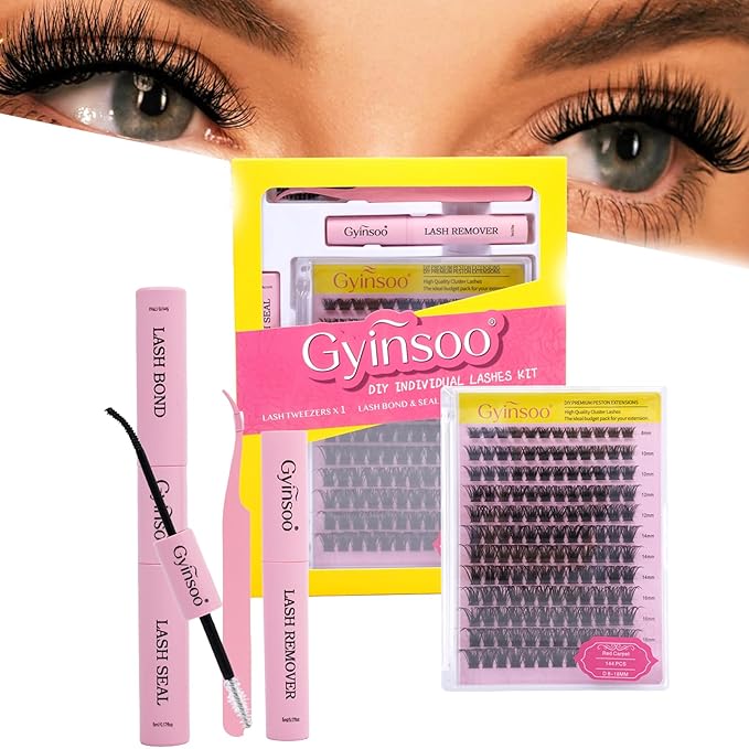 Gyinsoo DIY Lash Extension Kit "Red Carpet" - 144Pcs Medium Volume Cluster Lashes (8-18mm Mix) with Bond and Seal - Dramatic D Curl Individual Lashes for Cosplay, Party & Camera-Ready Glam