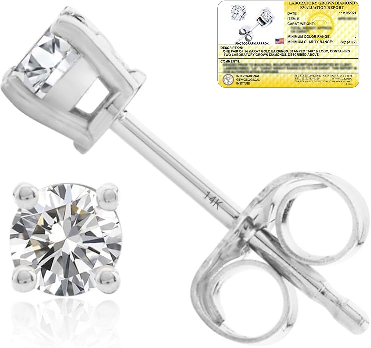 1/4-2 Carat IGI Certified Lab Grown Diamond Stud Earrings | Solitaire Real Diamonds Earring for Women in I-J Color & SI1-SI2 Clarity | 14K Gold Diamond Studs with Secure Backs by MAX + STONE